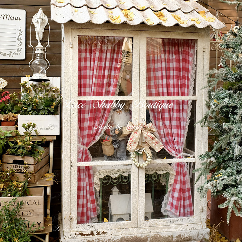 法式复古红色格子蕾丝窗帘门帘