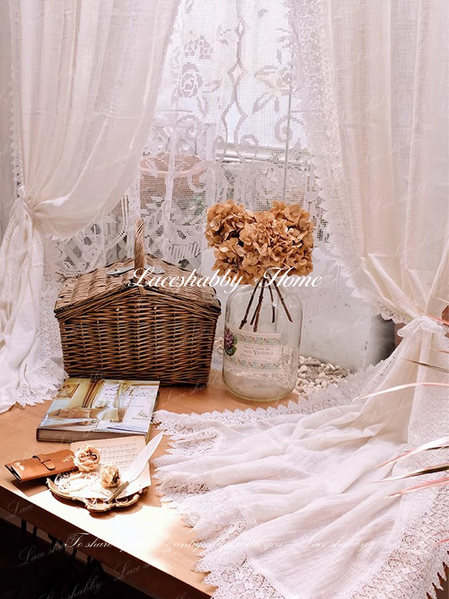 LACESHABBY新款法式复古风格白色棉麻镂空蕾丝小清新客厅飘窗窗帘