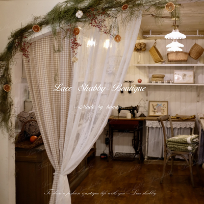 法式中古风棉麻格子蕾丝窗帘窗纱