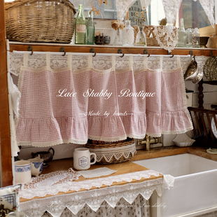 LACESHABBY治愈系法式复古棉麻红色格子蕾丝荷叶边半帘免打孔窗帘