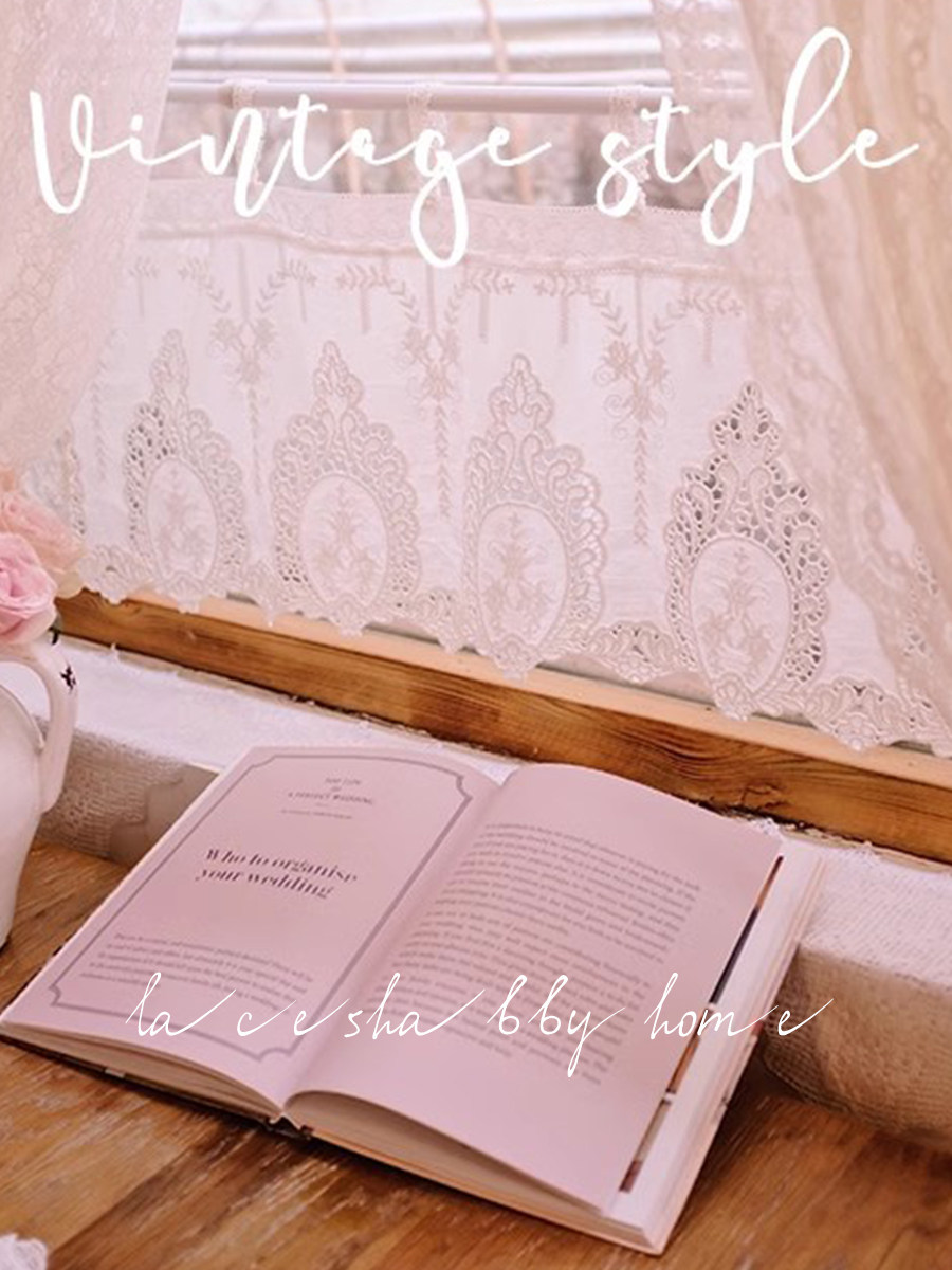 伊丝莎贝新款法式复古风格巴洛克绣花白色纯棉窗幔半帘咖啡帘窗帘