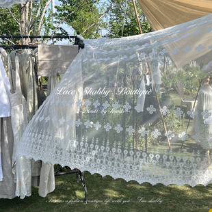 风吹动的夏天！LACESHABBY法式复古白色绣花蕾丝度假野餐桌布盖巾