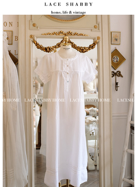LACESHABBY新款法式复古白色纯棉蕾丝vintage短袖睡衣睡裙家居服