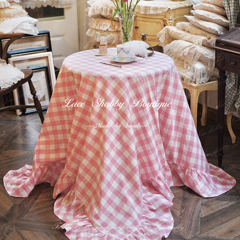 法式粉色格子亚麻复古餐桌布盖巾