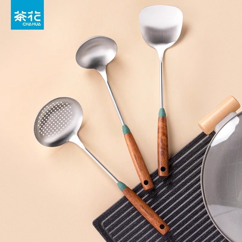 茶花木柄不锈钢锅铲勺子套装厨房厨具全套家用勺炒菜铲子铲勺漏勺,厨房/烹饪用具,全套勺铲,淘宝优惠券,粉丝福利购,淘宝优惠卷