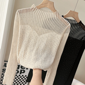 春秋羊毛半高领高级蕾丝网纱长袖 黑色内搭毛衣 女装 针织衫 打底衫