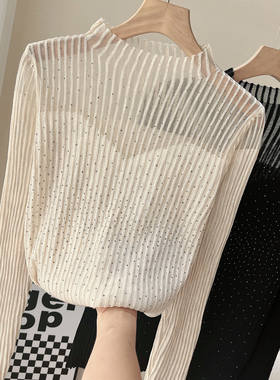 春秋羊毛半高领高级蕾丝网纱长袖针织衫打底衫女装黑色内搭毛衣