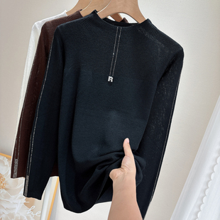 2025秋冬半高领针织衫长袖女上衣套头打底衫套头毛衣烫钻羊绒微透