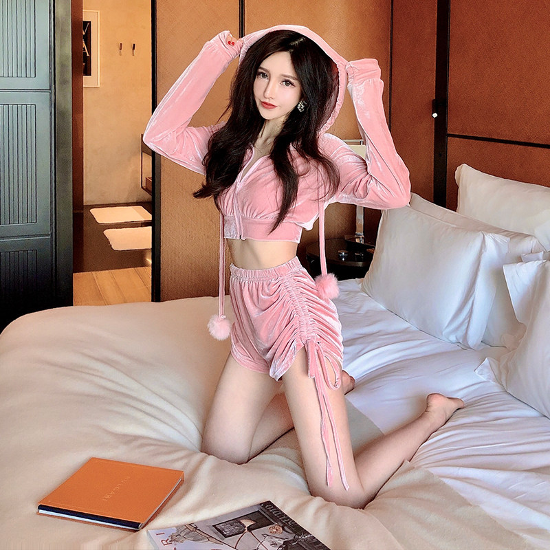 丝绒运动套装女 2020年春季时尚休闲短款卫衣+抽绳短裤高腰两件套