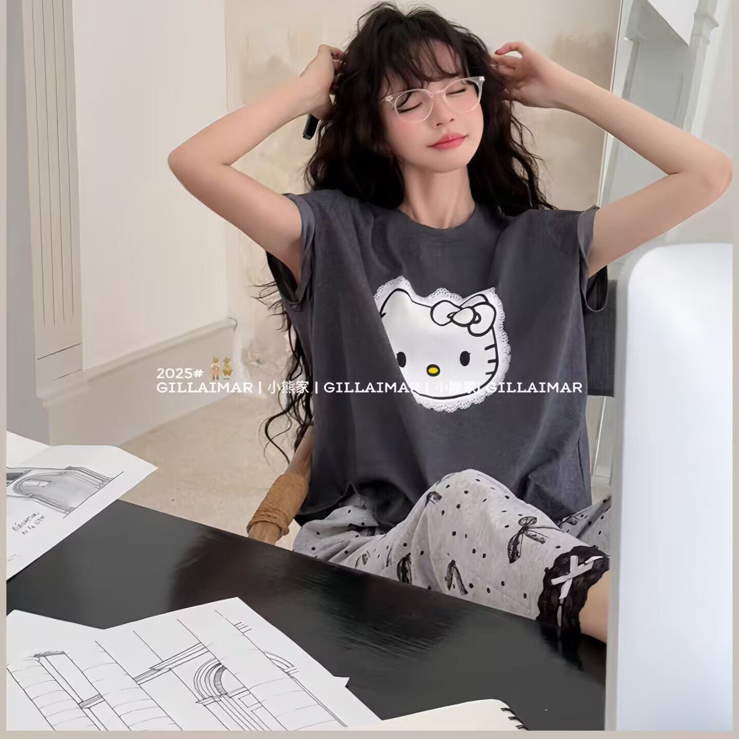 小熊2026家居服女夏新款可爱卡通甜美蕾丝KT猫蝴蝶结睡衣套装短袖