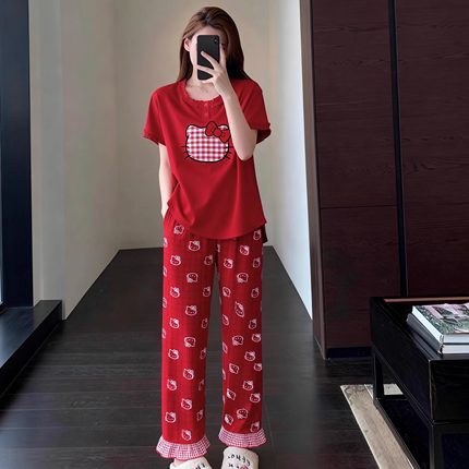 小熊红色本命年睡衣女春秋夏卡通可爱hellokitty纯棉家居服薄套装