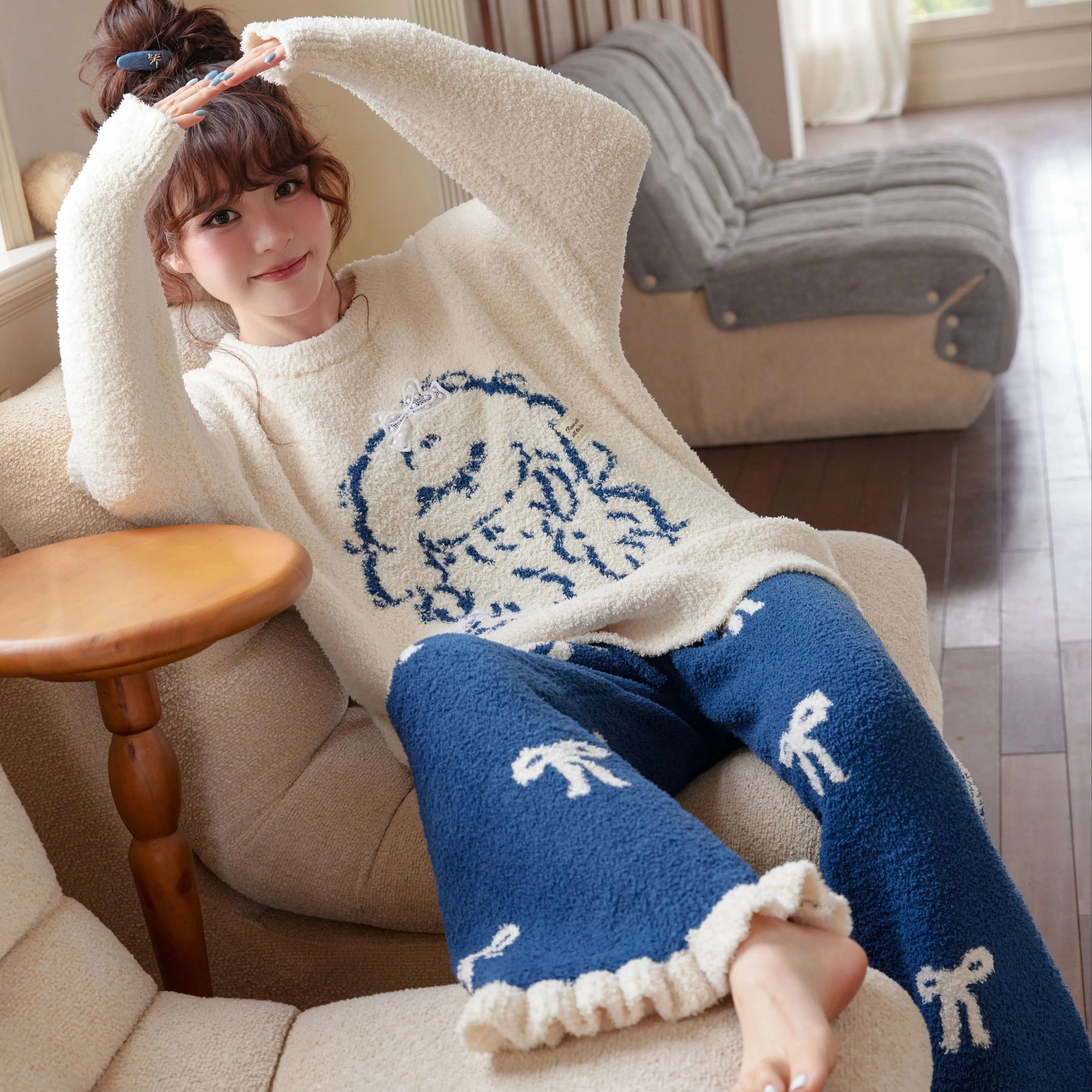 小熊睡衣女冬加绒加厚保暖半边绒软绵绵可爱卡通奶fufu家居服套装