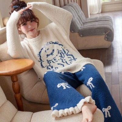 小熊睡衣女冬加绒加厚保暖半边绒软绵绵可爱卡通奶fufu家居服套装