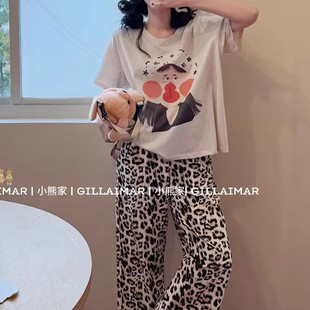 小熊家居服女夏季新款纯棉短袖长裤卡通龅牙妹豹纹睡衣套装可外穿