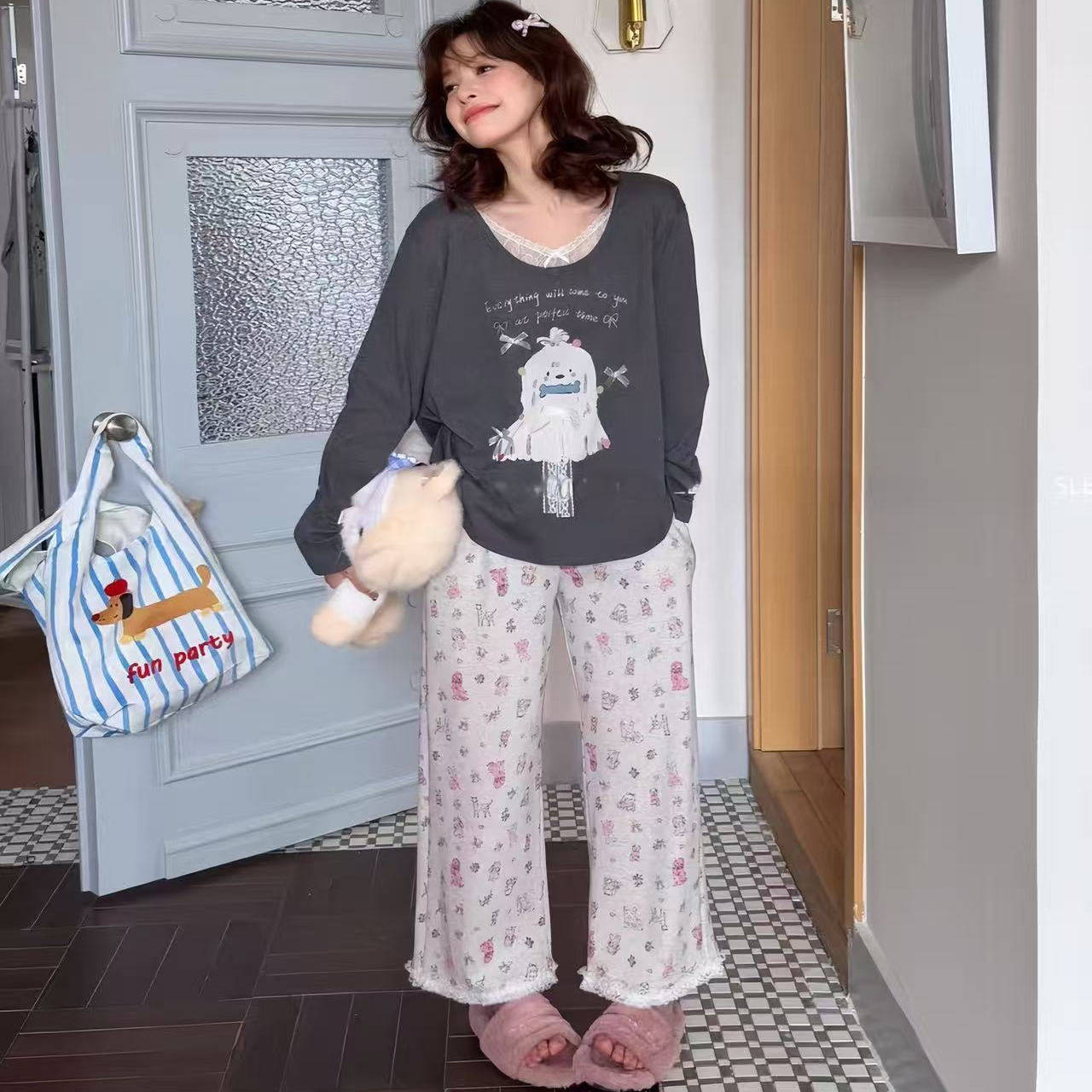 休闲纯棉女款睡衣秋季家居服套装