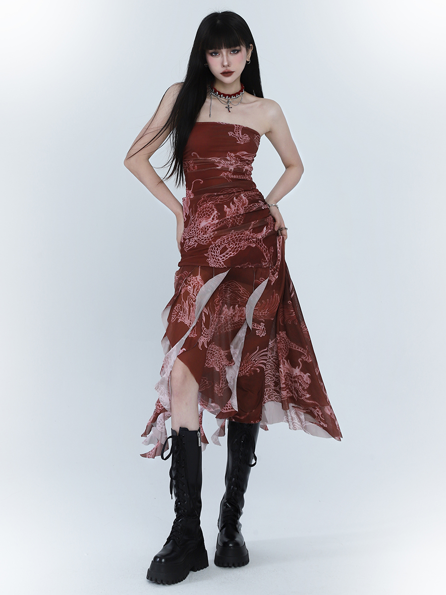 幽灵少女新中式女装红色连衣裙不规则吊带裙子音乐节演唱会穿搭
