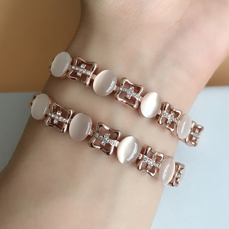 香槟色猫眼石手链女 ins日韩版戒面镶嵌手串单圈时尚水晶首饰礼物