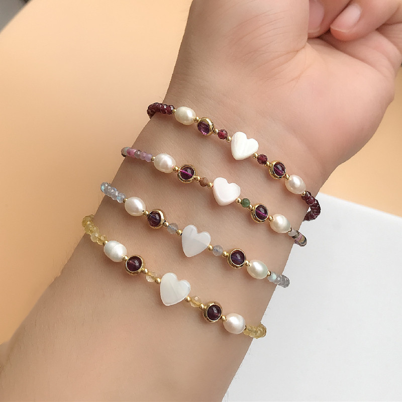 天然碧玺黄水晶手链女小众灰月光石榴石珍珠贝壳爱心手串水晶饰品