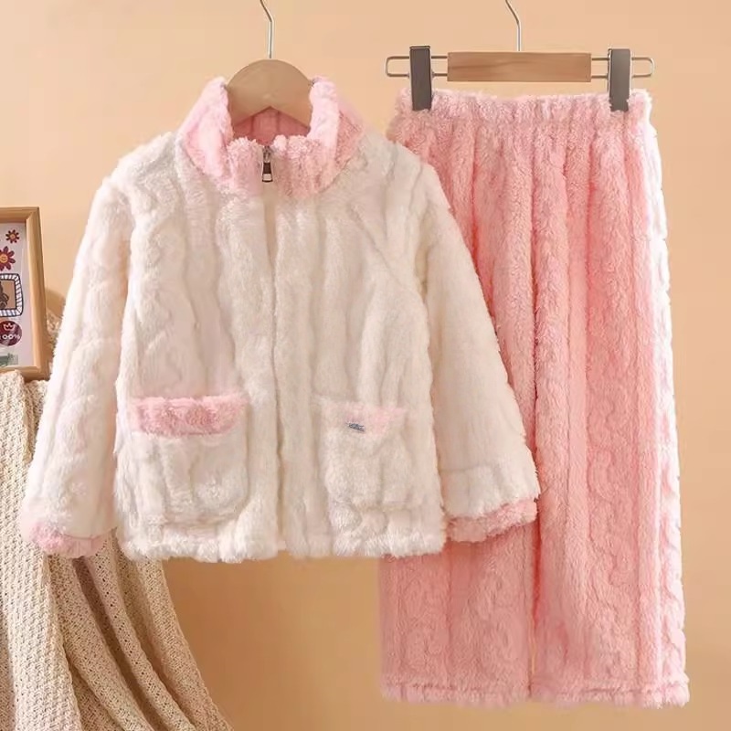 儿童睡衣男女童秋冬加绒加厚两件套中小童开衫宝宝珊瑚绒家居服暖