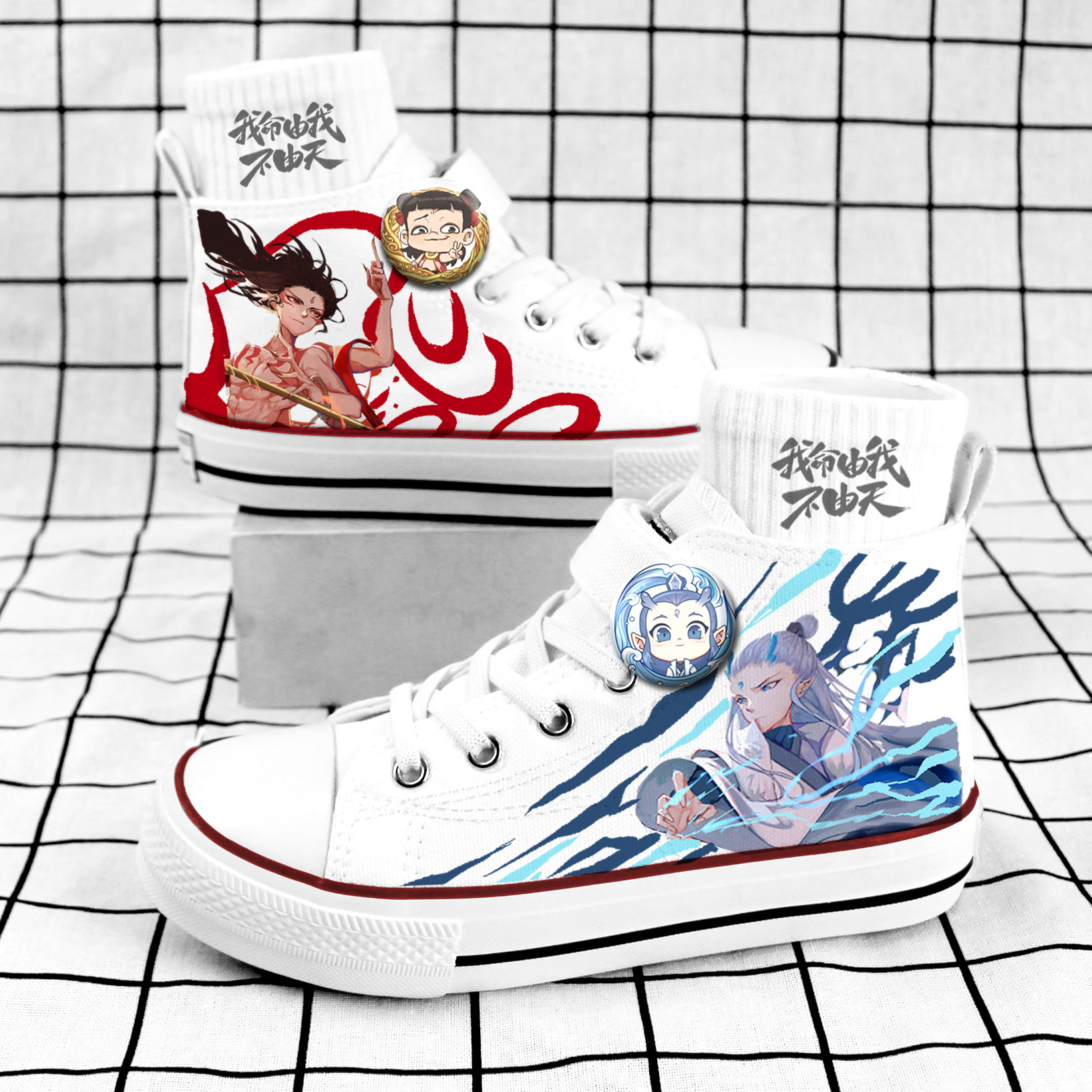 儿童帆布鞋哪吒敖丙涂鸦板鞋