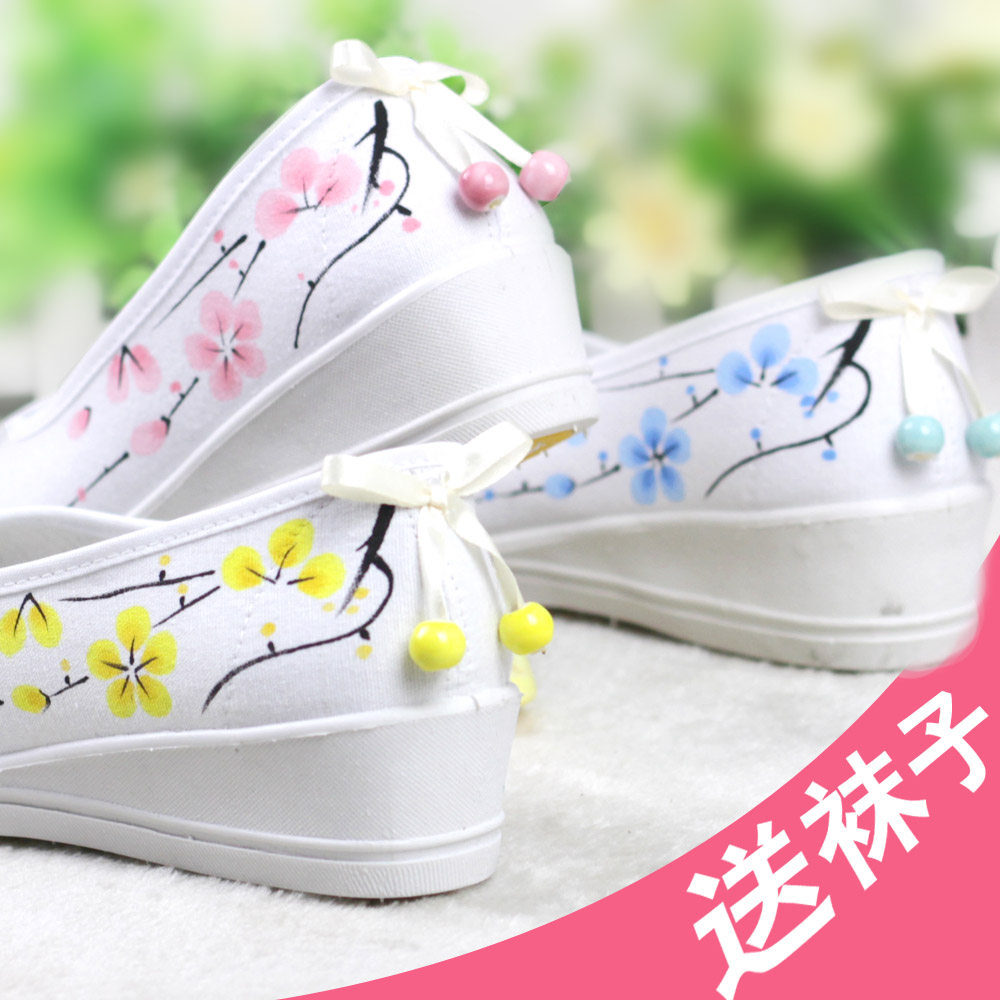 古风手绘帆布鞋汉服鞋小白鞋坡跟中国风女茶服小清新文艺夏季鞋子
