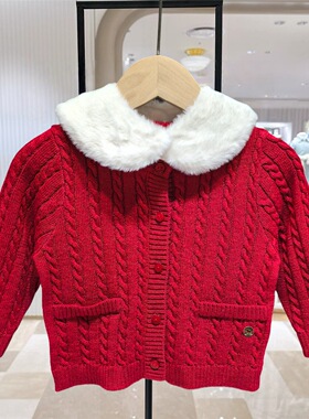 YD韩国童装秋冬款女宝宝可拆毛领针织衫红色毛衣过年款MS5110801