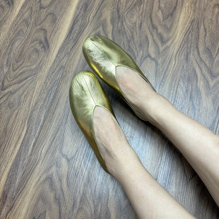 超软外贸羊皮金色浅口圆头单鞋女平底舒适芭蕾鞋复古奶奶鞋女巫鞋