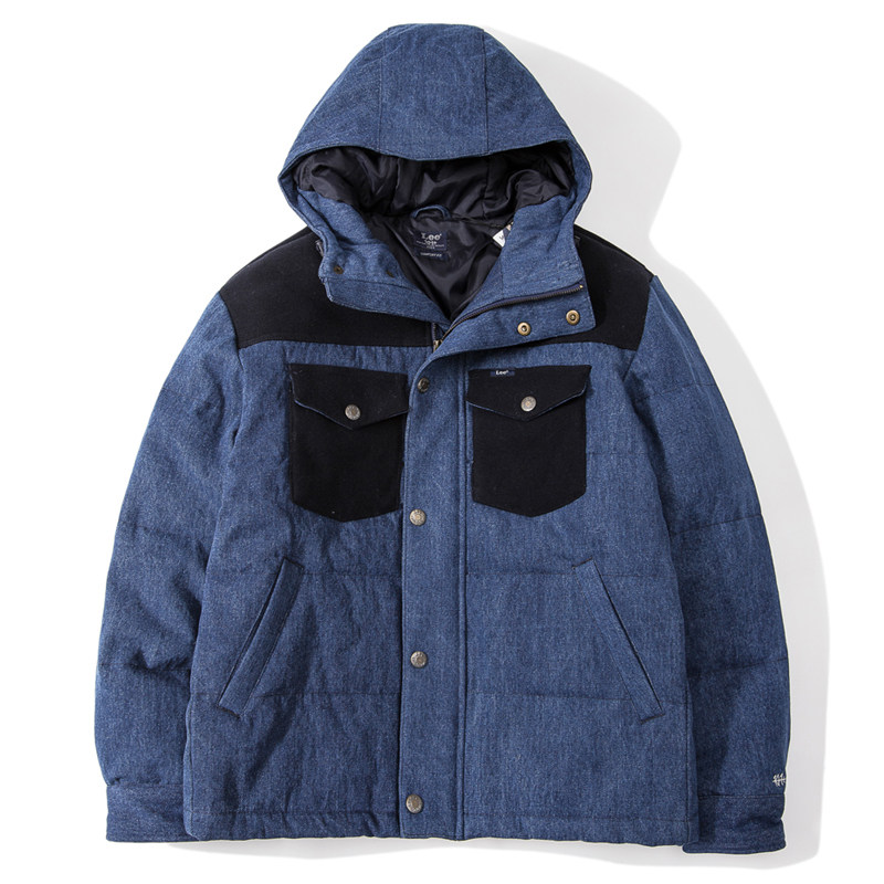 lee牛仔拼接羽绒服连帽口袋羽绒保暖外套lmt003619100318-a01769
