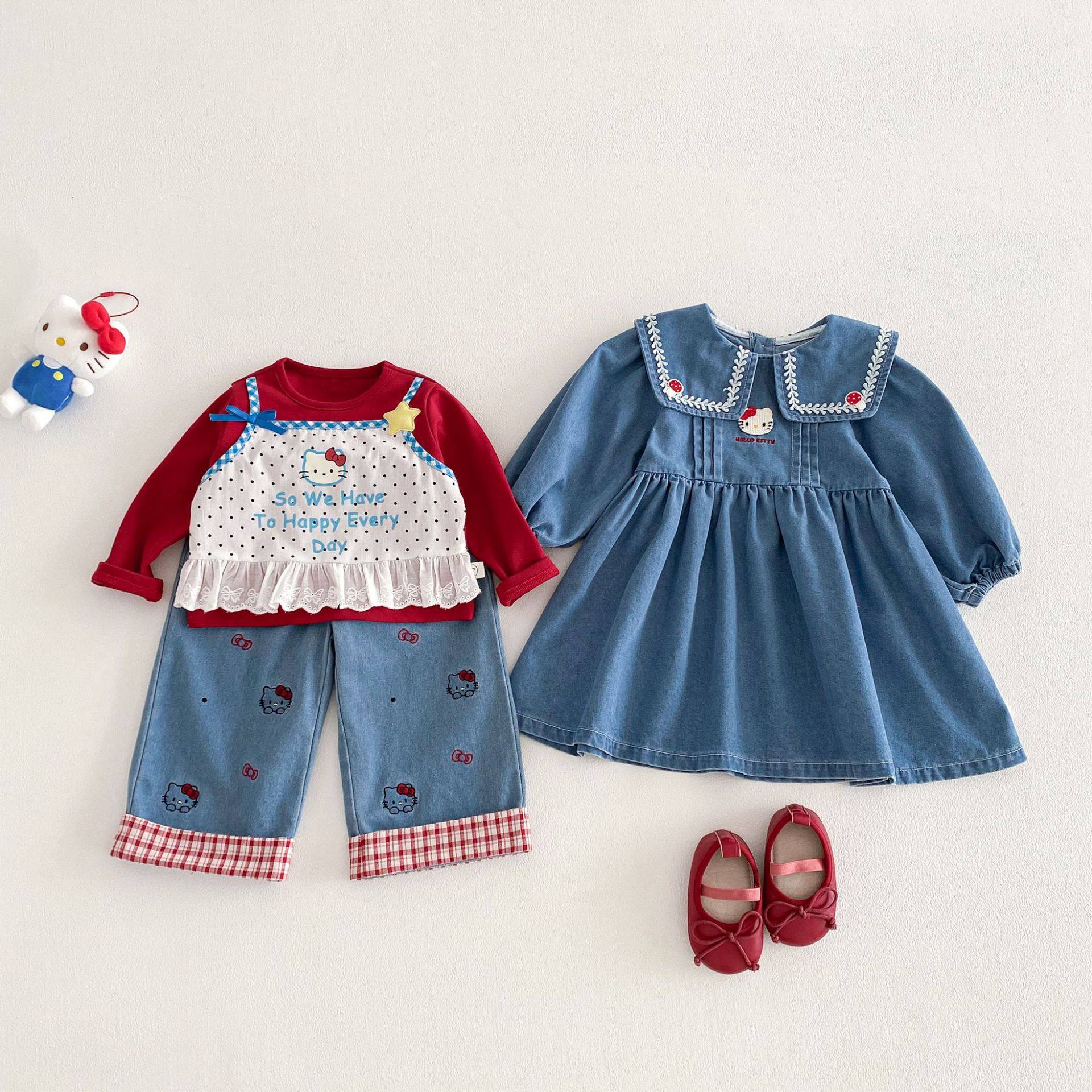 女童洋气牛仔连衣裙套装
