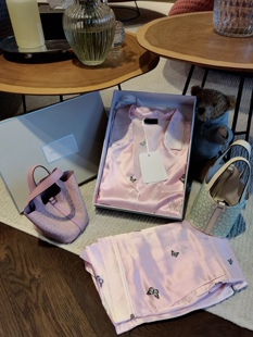 高定睡衣名媛风缎面烫钻蝴蝶印花睡衣长袖长裤家居服套装夏季女