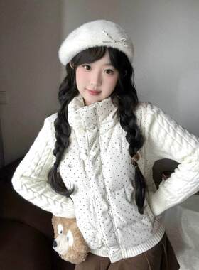 韩系白色波点针织拼接立领棉服女秋冬学院风加厚小个子面包服外套