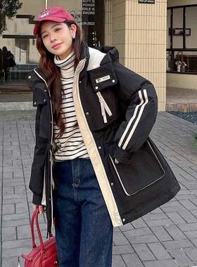 条纹2025年新款冬季宽松拼色棉袄外套女中长款休闲羽绒棉服加厚潮
