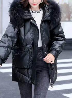 韩系温柔风大毛领中长款棉衣女秋冬米白亮面宽松遮肉棉服女装货源
