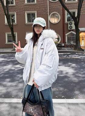 大毛领连帽工装情侣羽绒棉服女冬季大毛领短款韩系小众加厚外套