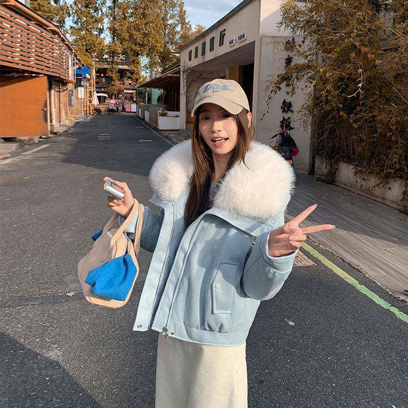 新款鹿皮绒大毛领棉外套女短款气质宽松小个子pu棉服冬季羽绒棉衣