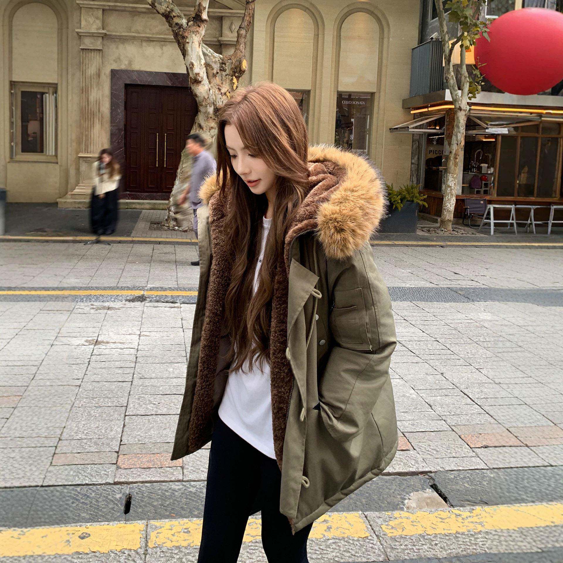欧货大毛领工装羽绒棉服女感中长款棉衣棉袄派克服冬季外套潮