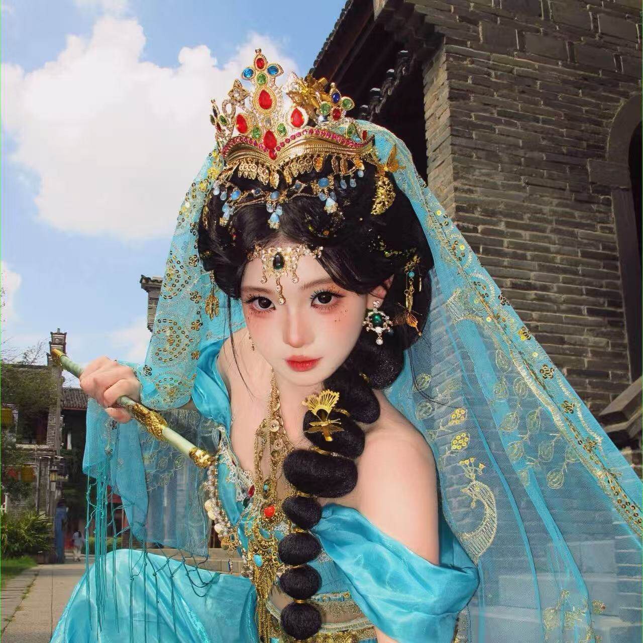 异域风重工刺绣发冠女敦煌飞天舞蹈头饰写真旅拍氛围感发饰
