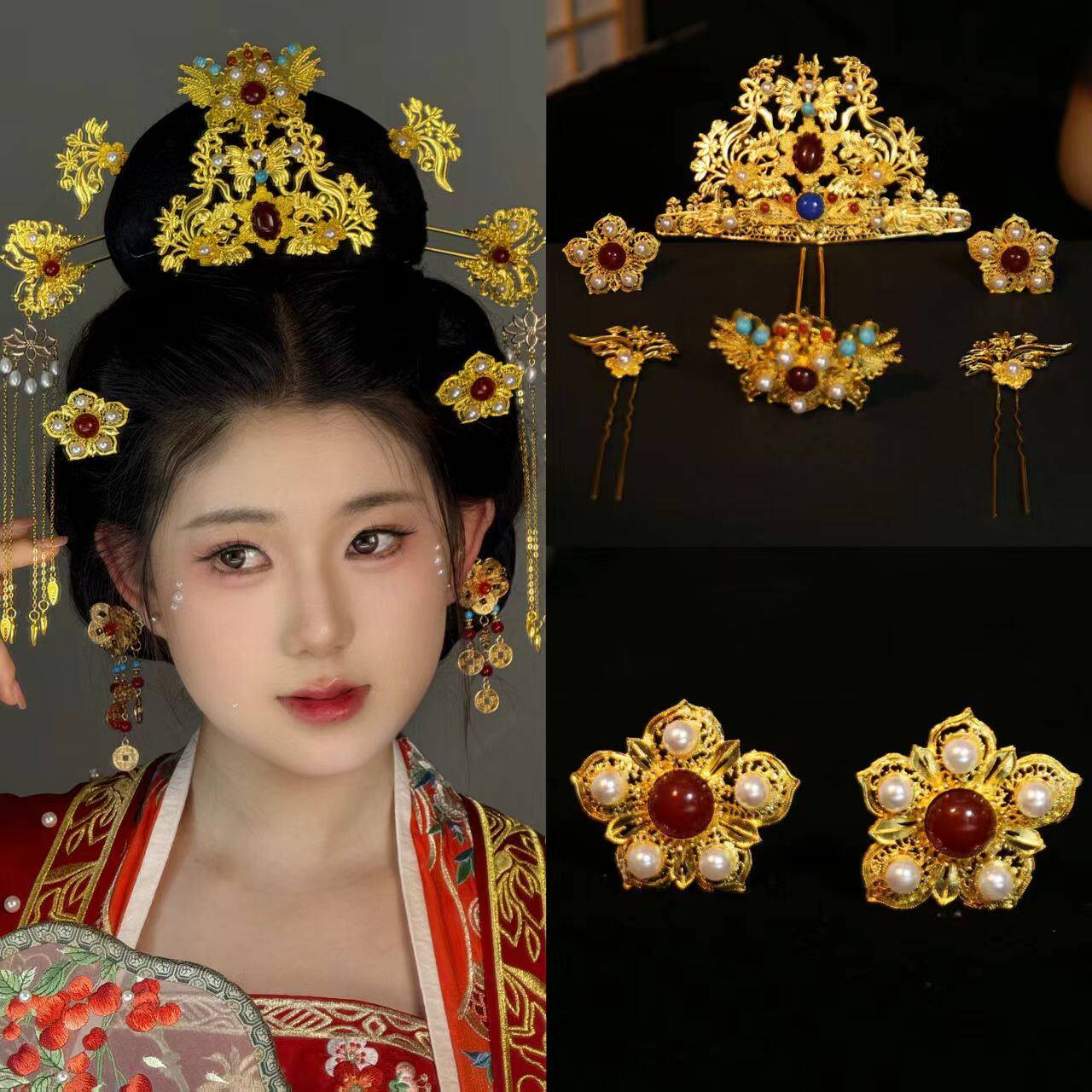 汉服发冠掩鬓发钗全套头饰明制狄髻发簪凤簪汉婚女仙重工古风配饰