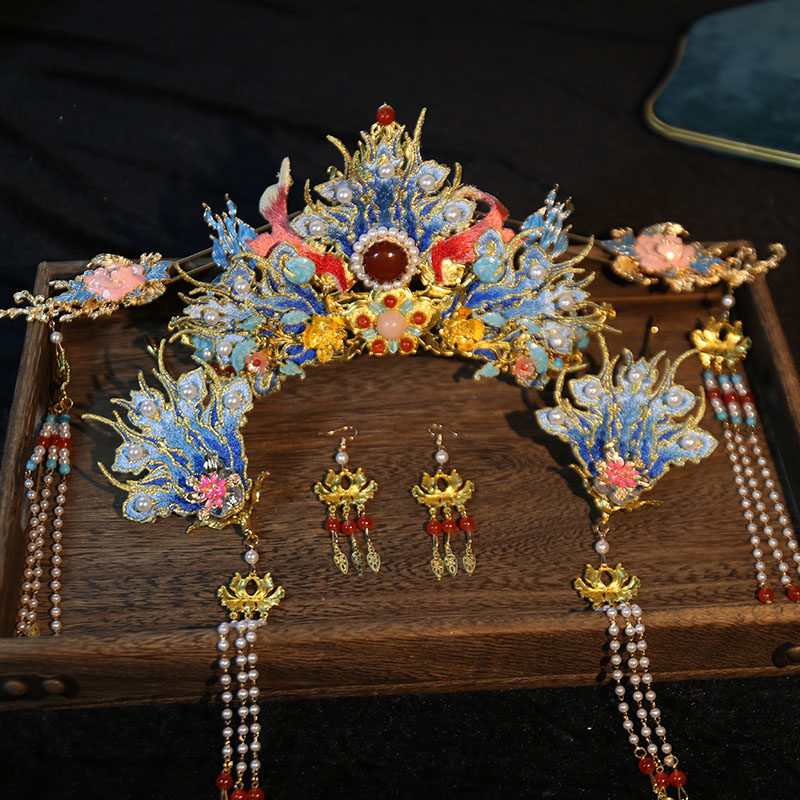 古风新娘头饰凤冠霞帔奢华婚礼发饰流苏珍珠复古结婚宫廷婚饰
