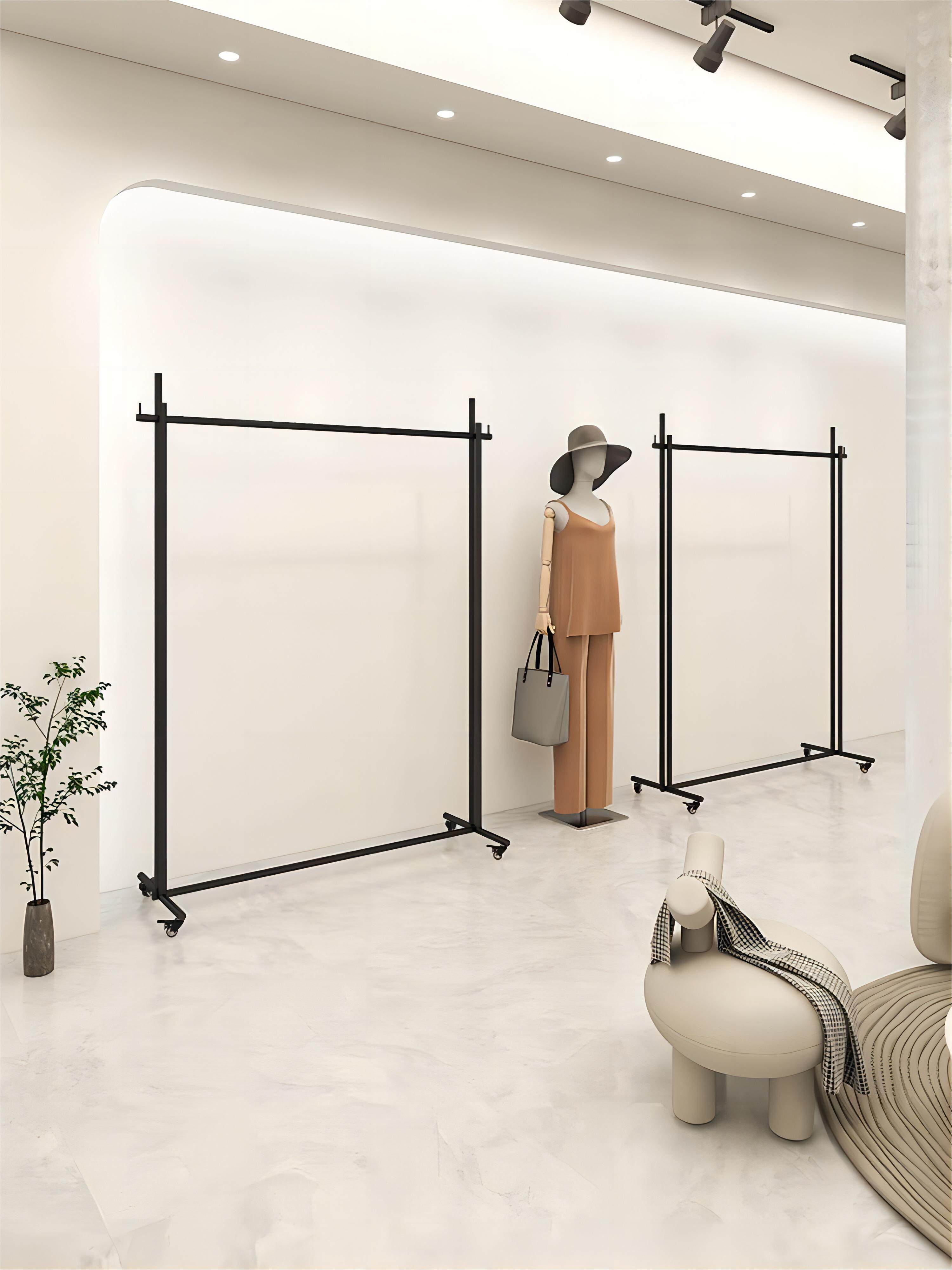服装店落地式展示架哑光黑简约现代中岛架带轮子侧挂架店铺挂衣架