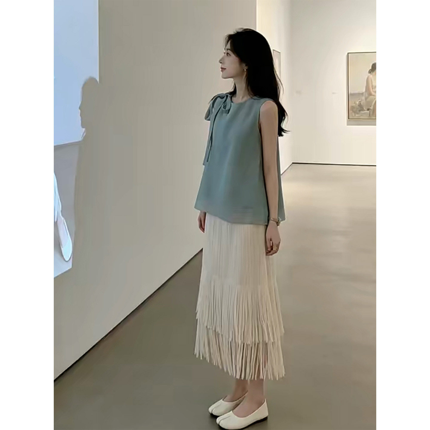 三宅褶皱度假风无袖上衣流苏半身裙套装女气质显瘦设计感两件套