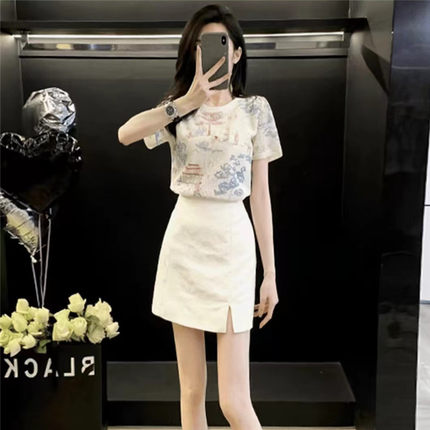淑女气质穿搭一整套2025新款夏季国风短袖T恤白色短裙两件套女装