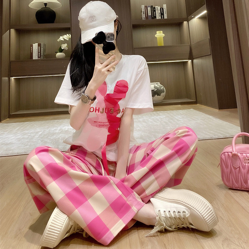 休闲运动套装女20204夏季新款时尚洋气减龄白色短袖阔腿裤两件套