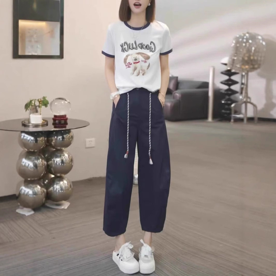 欧货爆款两件套运动套装女夏2025新款重工印花白色短袖时尚休闲服