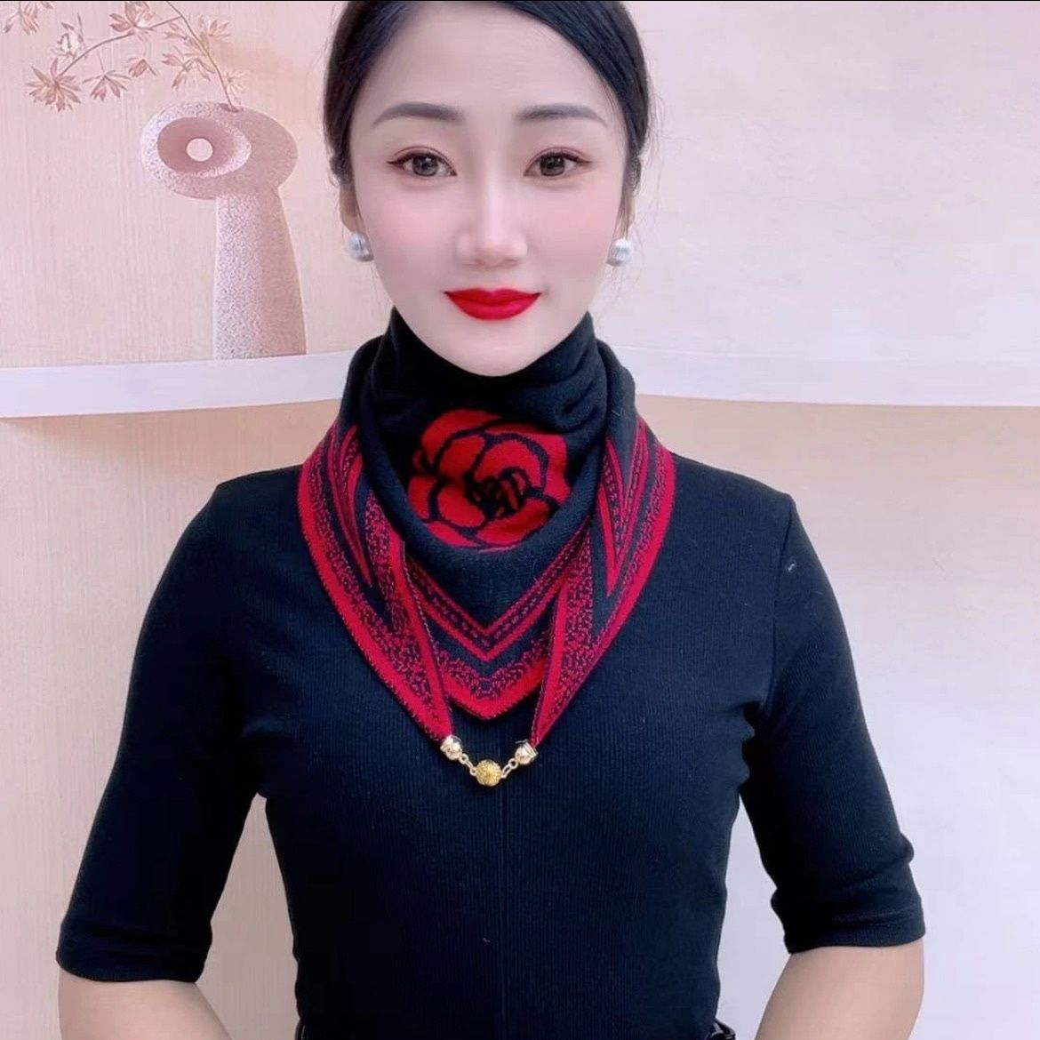 2025秋冬新款磁扣针织双面双色围巾女百搭时尚三角巾护颈保暖围脖