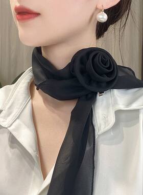 2026夏季新款韩版纯色玫瑰花丝巾飘带女百搭时尚薄款围巾护颈围脖
