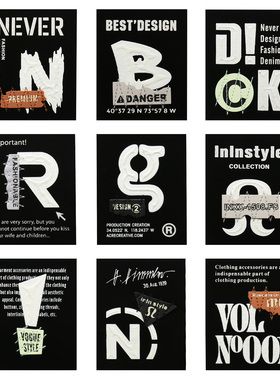 黑色胶印字母布贴DIY衣服裤子缝纫布标方形潮牌修补装饰徽章破洞