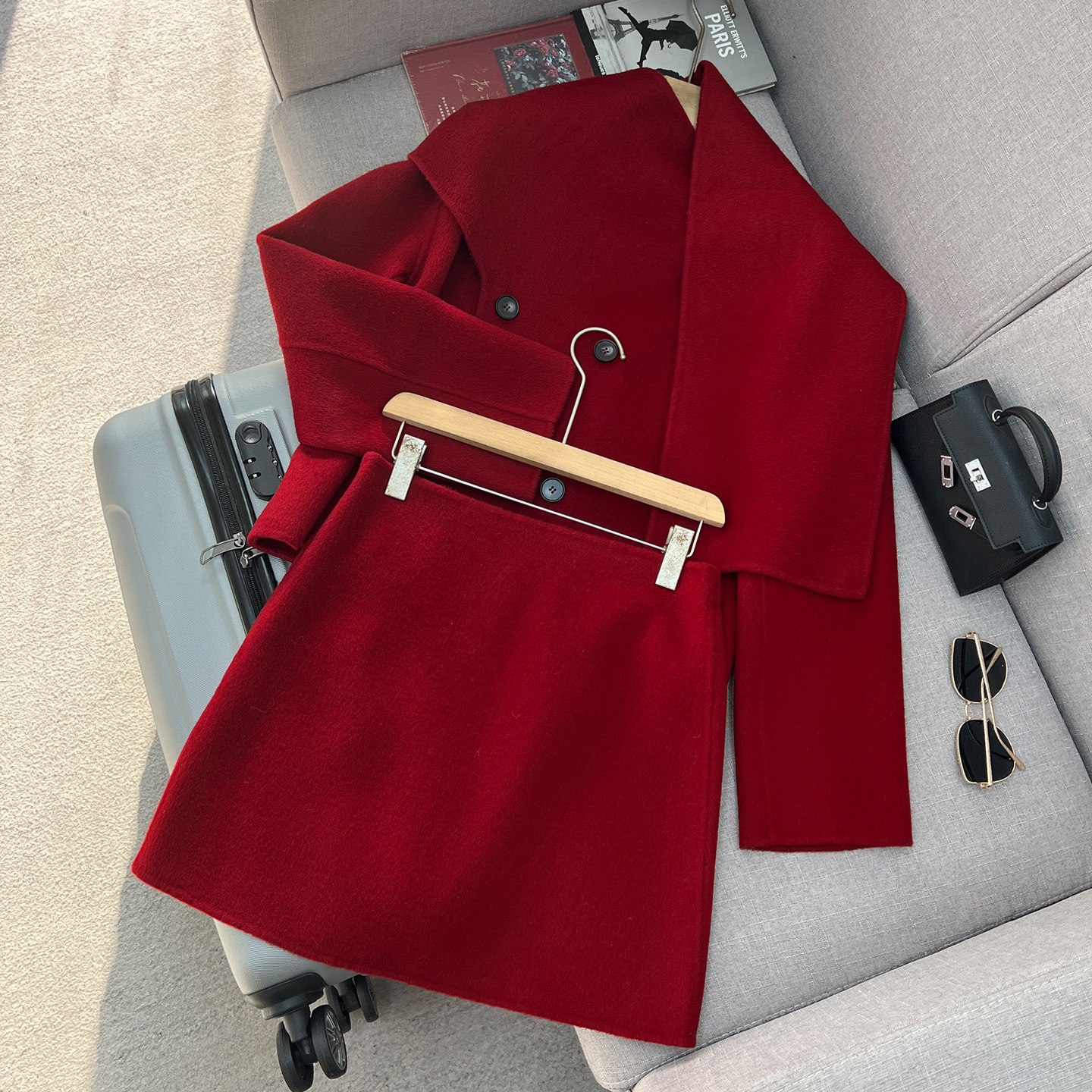 100绵羊毛圣诞红双面呢围巾领双排扣短款毛呢外套+半身裙时尚套装,女装/女士精品,时尚套装,淘宝优惠券,粉丝福利购,淘宝优惠卷