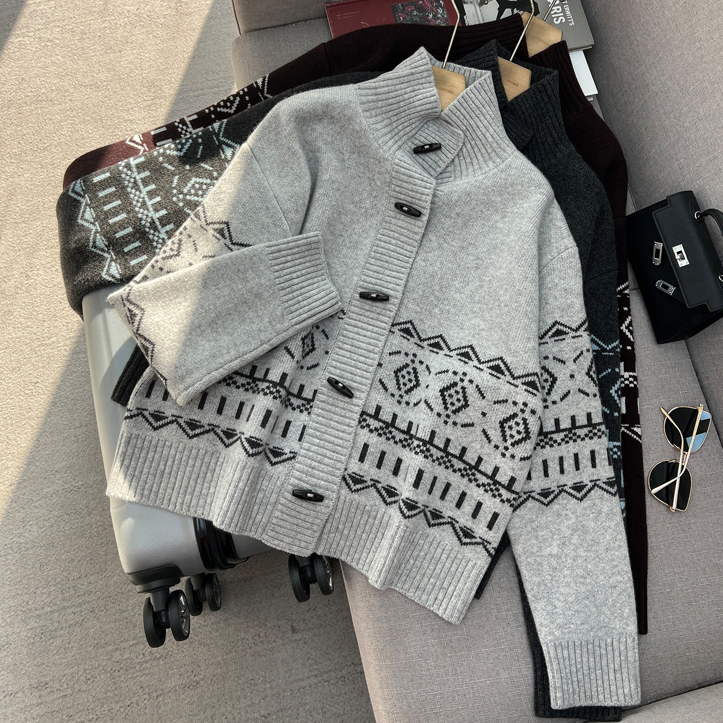 100绵羊毛~高克重复古费尔岛提花针织衫开衫高领纽扣宽松毛衣外套,女装/女士精品,毛针织衫,淘宝优惠券,粉丝福利购,淘宝优惠卷