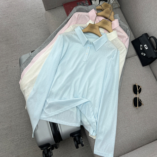 翻领T恤宽松廓形百搭休闲上衣POLO衫 半开襟 棉细闪极简长袖 莱赛尔